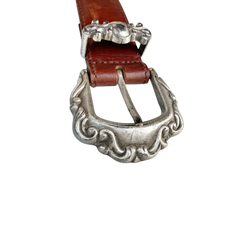Vintage Fossil Cognac Leather Concho Belt Western Silver Floral Buckle Y2K Ranch